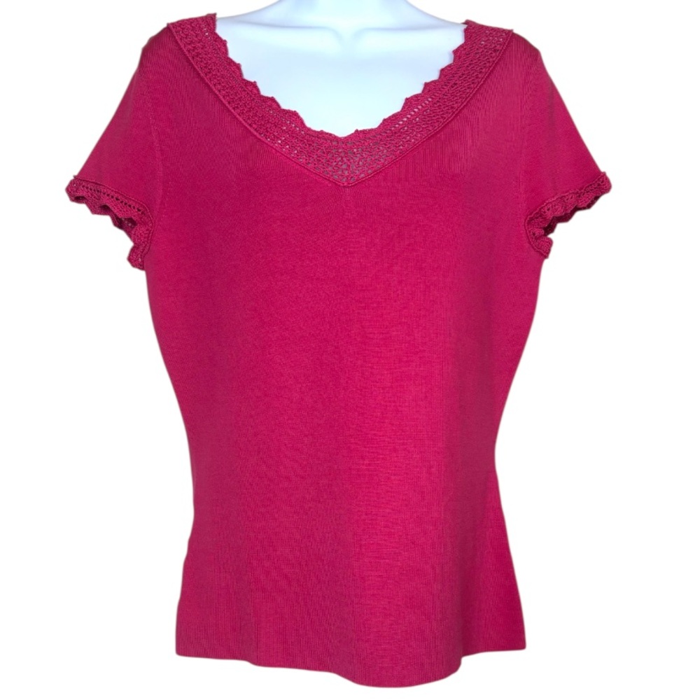 Crochet Trim Knit Top Vintage 90s Y2K Colorful Vibrant Pink Womens Size Large